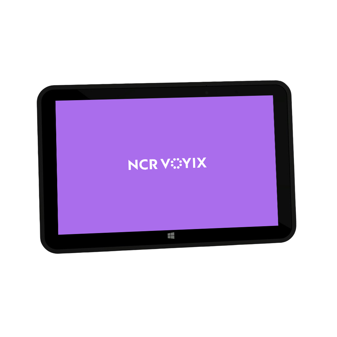 Black tablet displaying a purple screen with white text that reads NCR VOYIX.