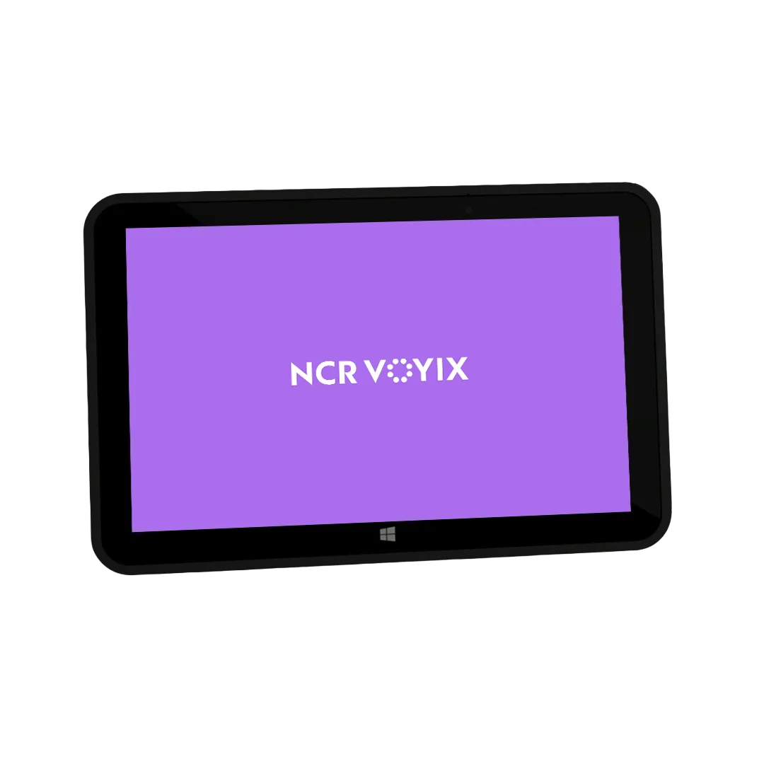 Black tablet displaying a purple screen with white text that reads NCR VOYIX.