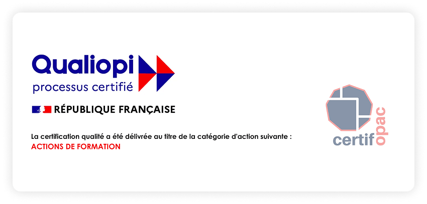 Logo Qualiopi avec mention processus certifié et drapeau français, certification pour actions de formation, logo certif opac.