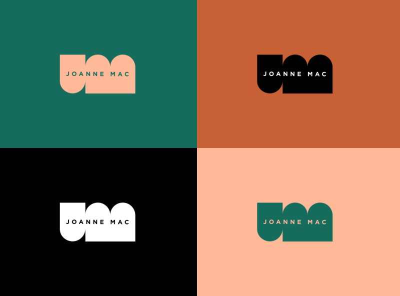 Joanne Mac personal logo example: semi-circular negative space monogram