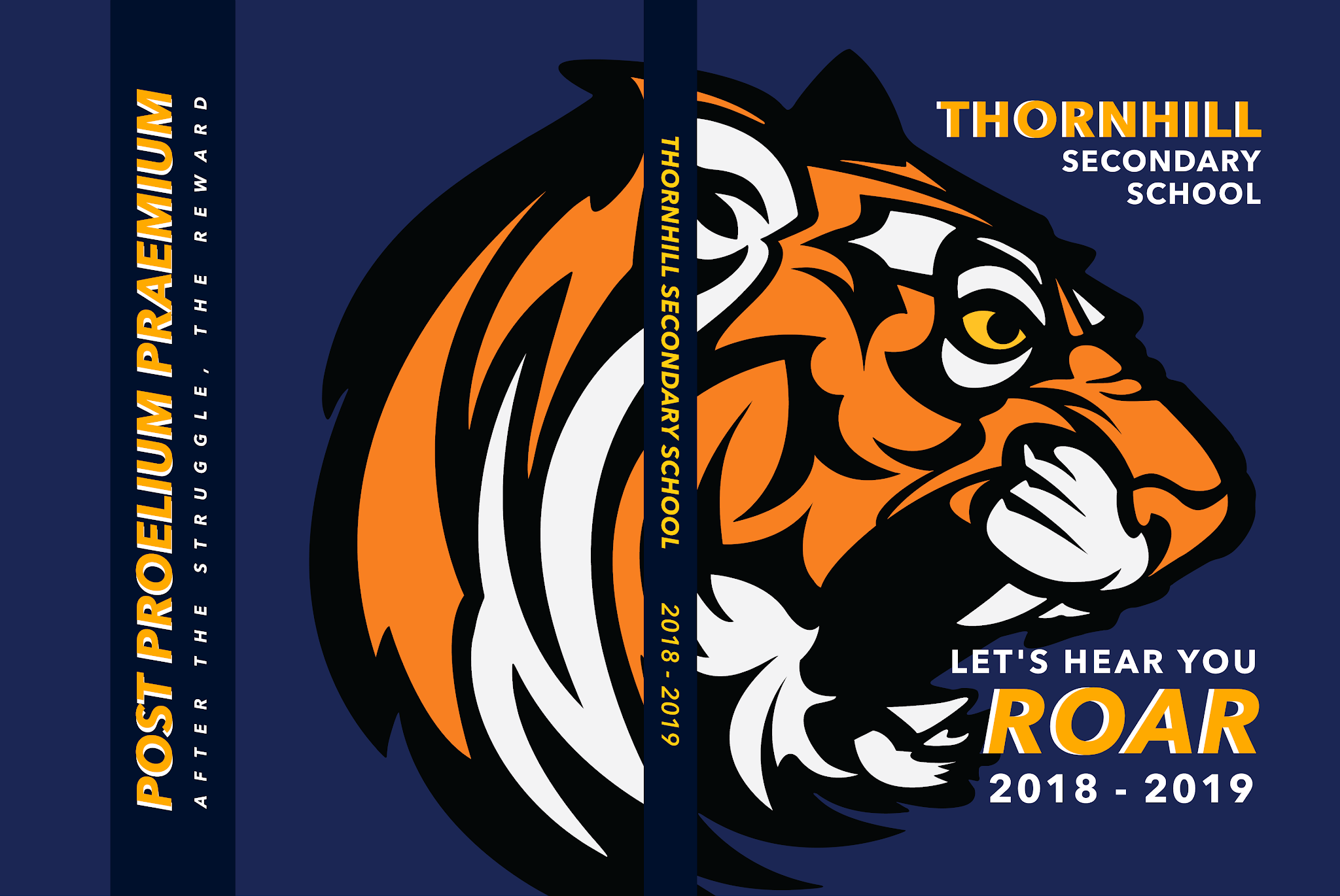 Thornhill Secondary School 2018-2019 yearbook cover with a roaring tiger