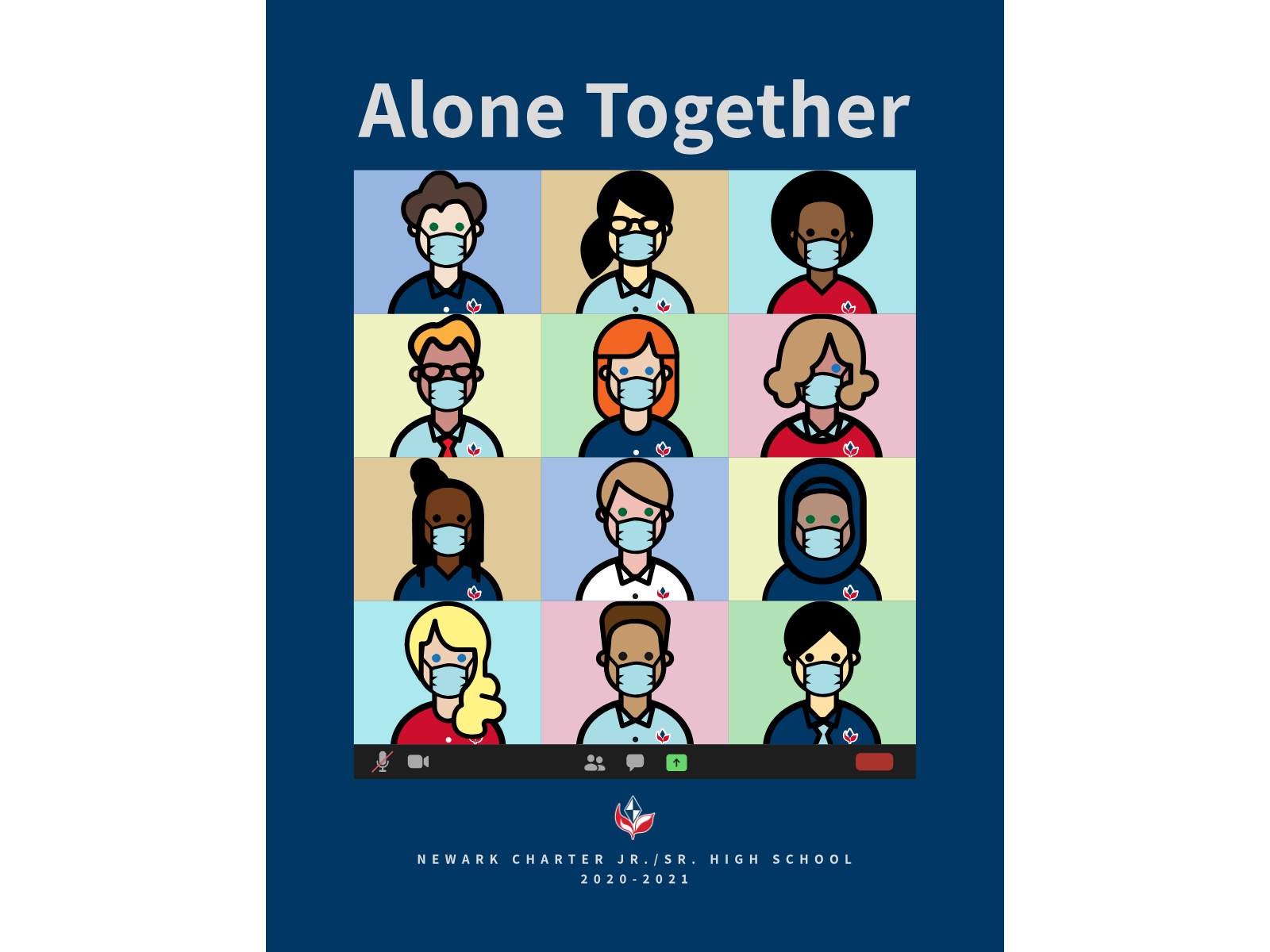 Newark Charter High School 2021 yearbook cover titled Alone Together with an illustrated grid of masked students