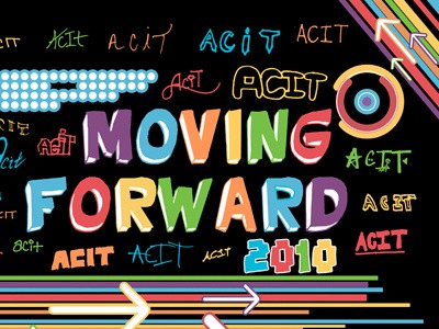 Atlantic County Institute of Technology 2010 yearbook cover with Moving Forward lettering and many handwritten versions of ACIT