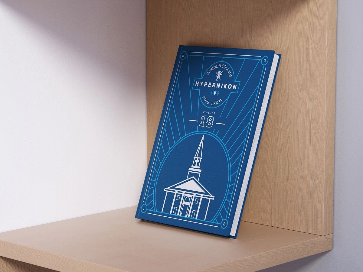 Gordon College Hypernikon 2018 yearbook cover with the A.J. Gordon chapel in white linework on blue