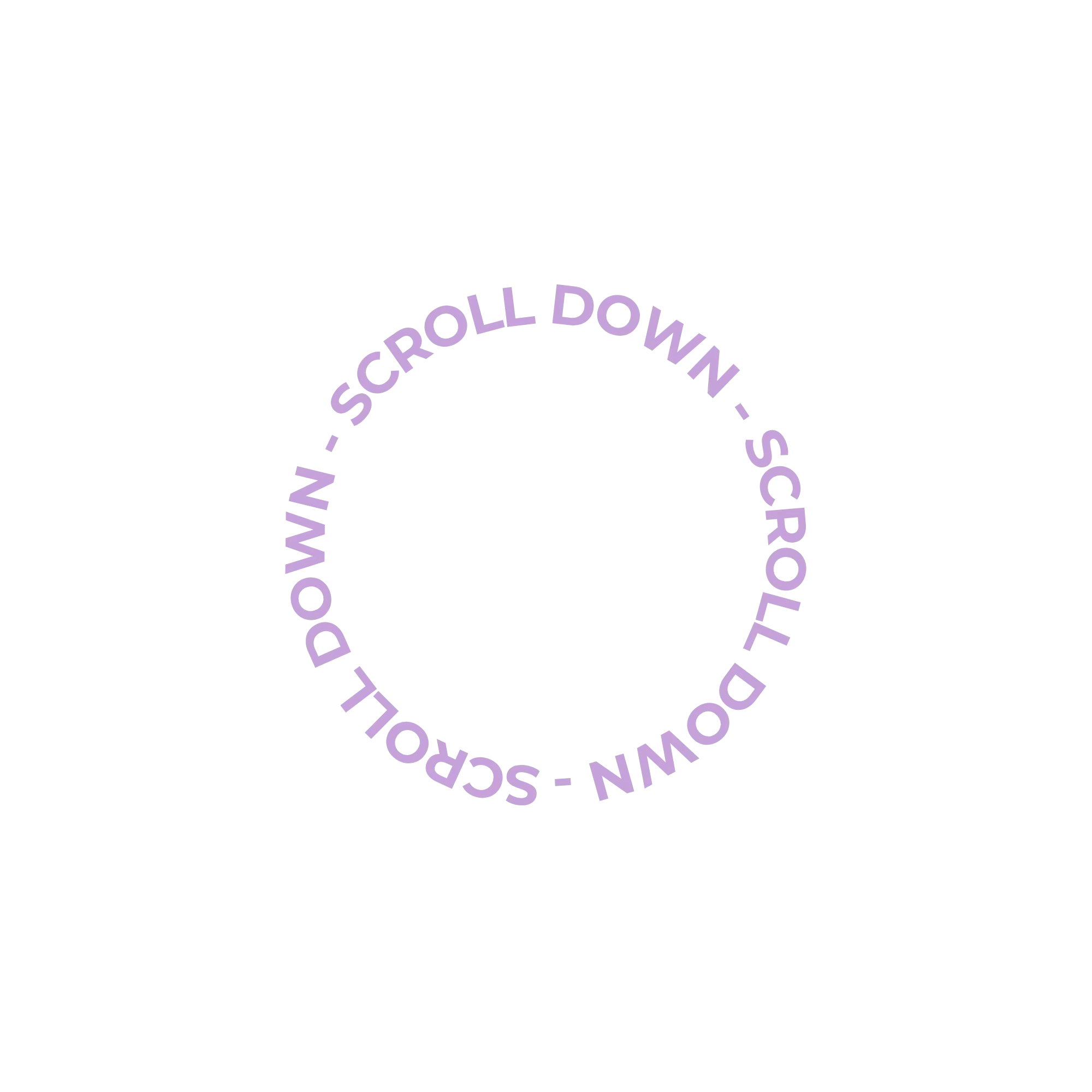 Light purple text reading 'SCROLL DOWN' repeated in a circular pattern on a black background.