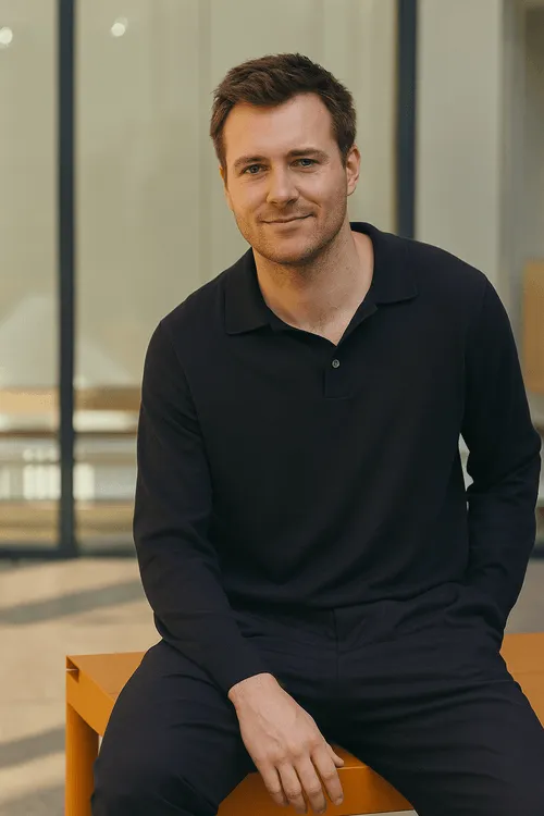 Man in a black long-sleeve polo shirt sitting on a wooden bench indoors, smiling at the camera.