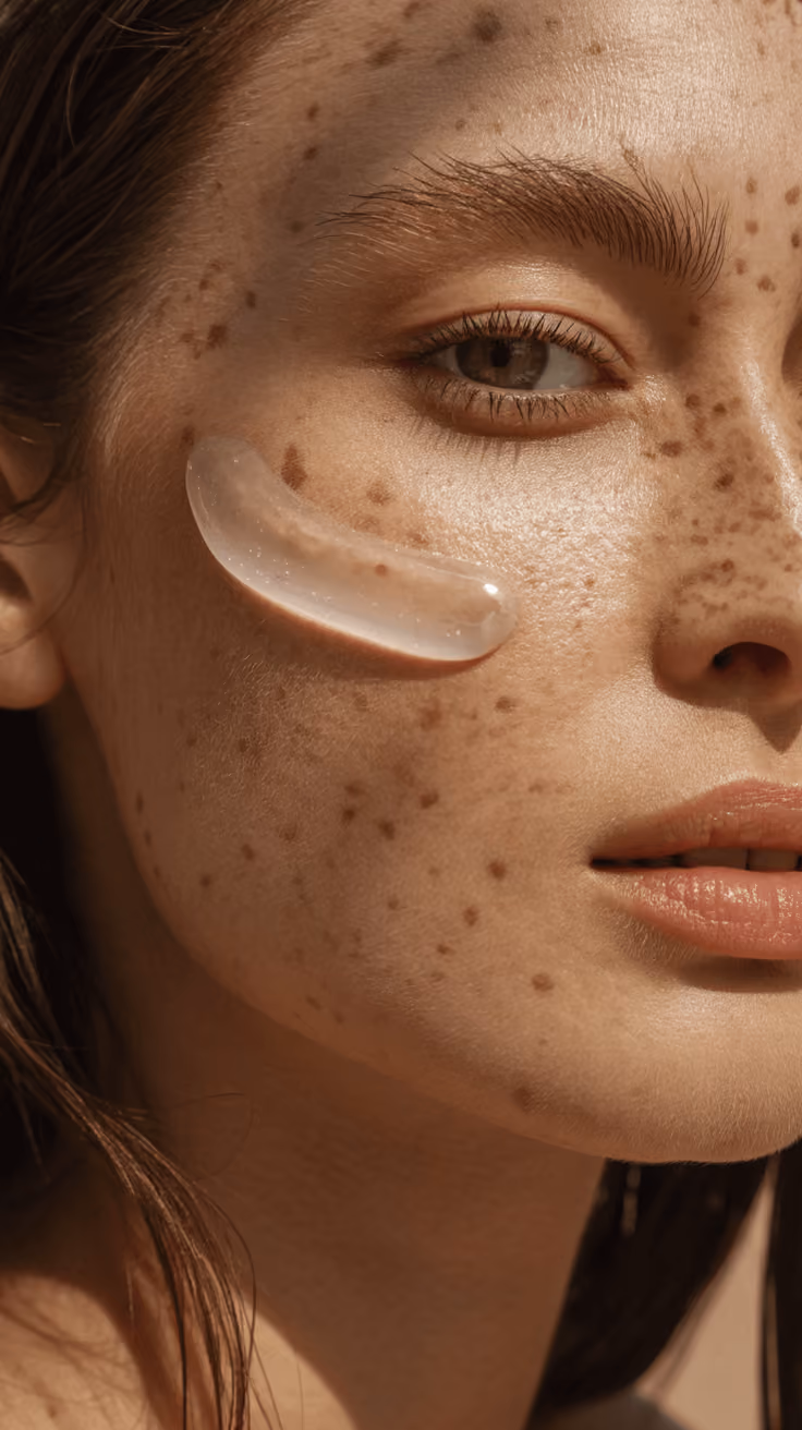 Close-up of a freckled woman’s face with a clear gel patch under her eye.