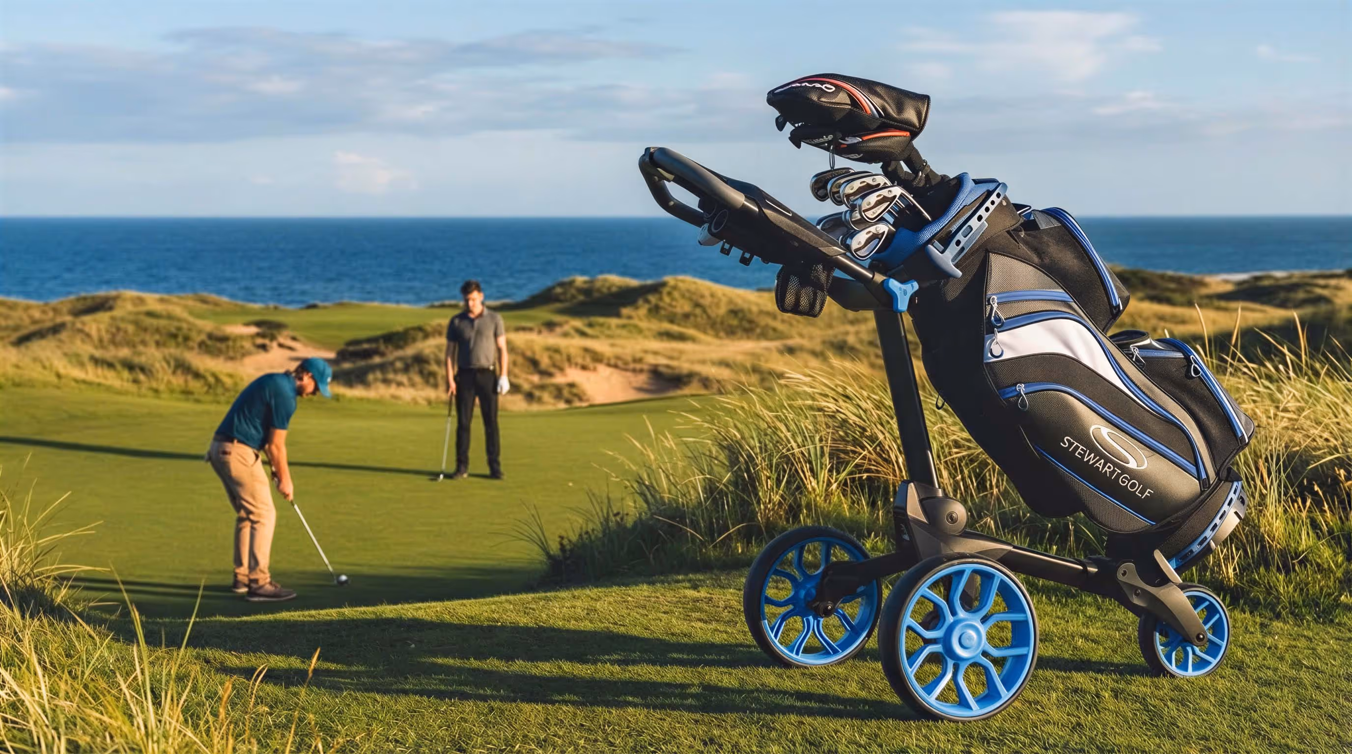 Golf bag on a push cart with clubs on a course near ocean, two men playing in the background.