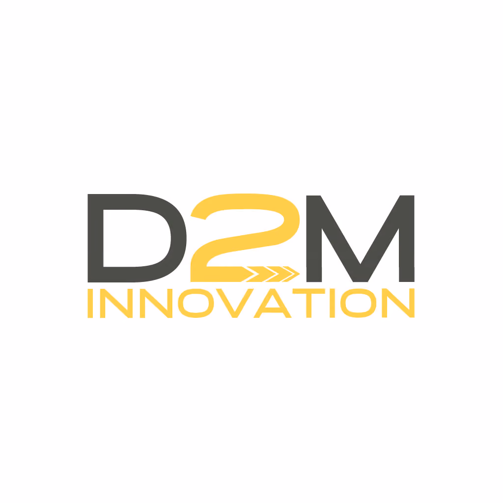 Logo with text 'D2M' in black and yellow and 'INNOVATION' below in yellow.