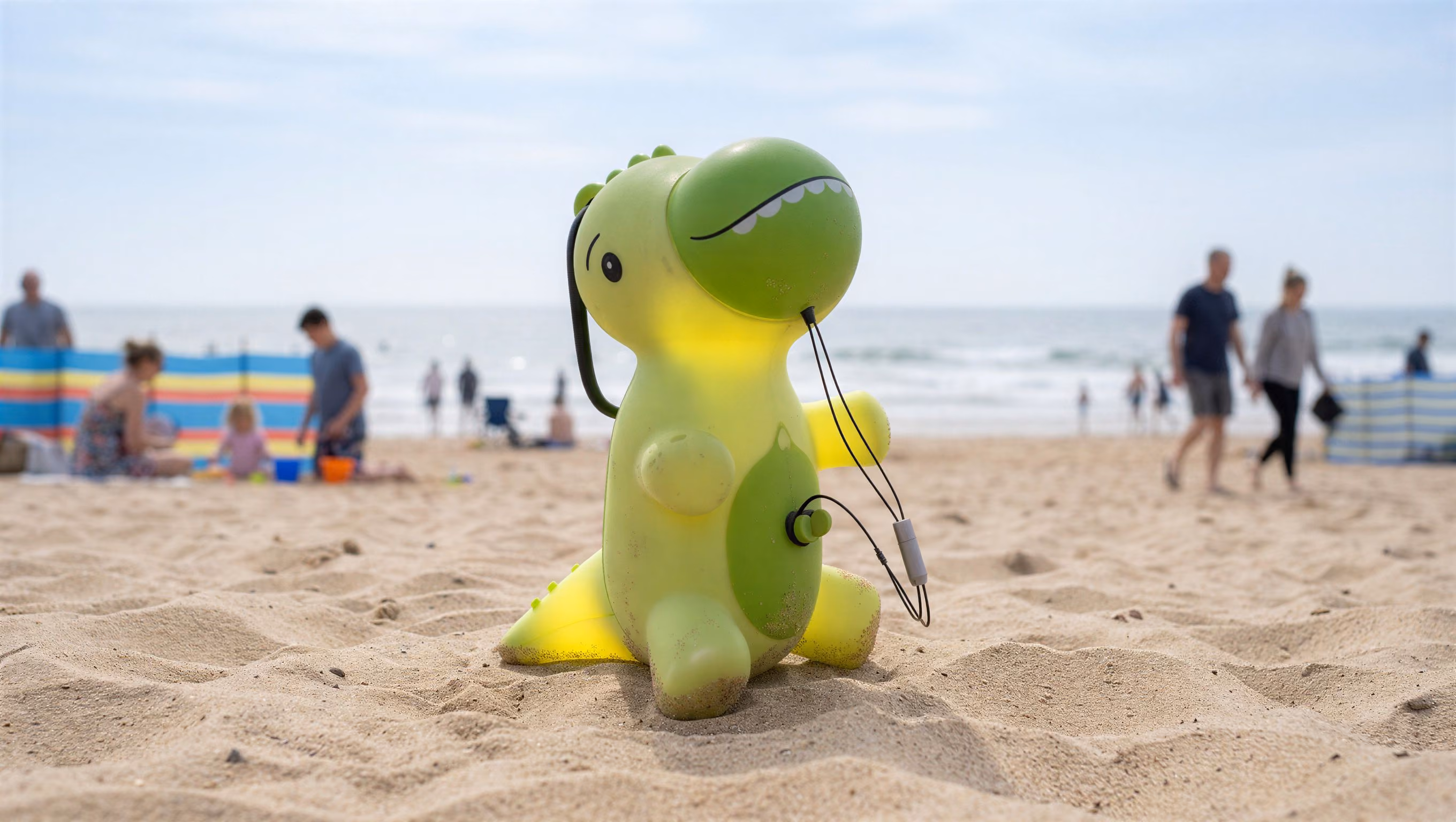 Yellow-green inflatable dinosaur toy sitting upright on sandy beach with people and ocean in the background.