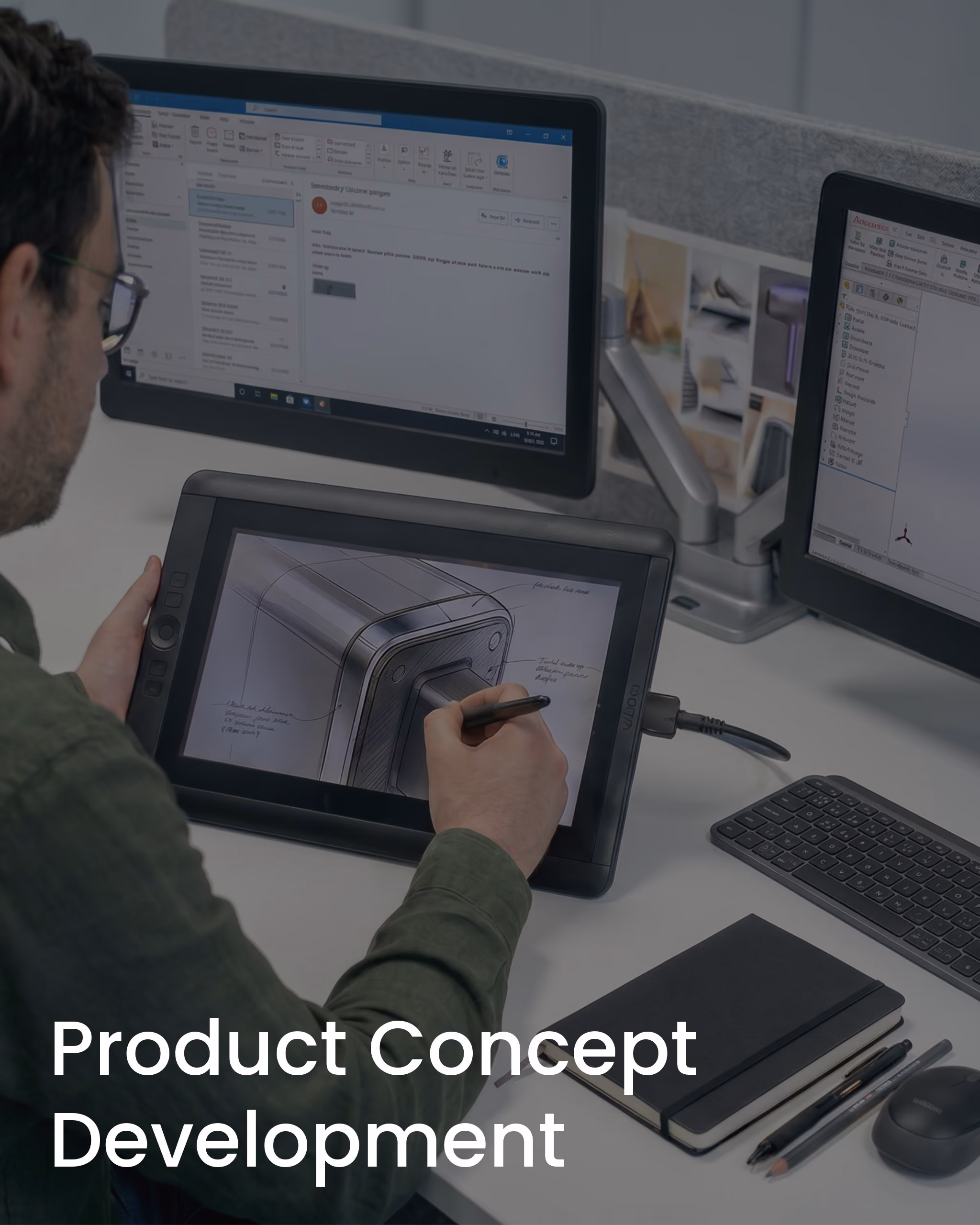 Person sketching a product design on a Wacom tablet with dual monitors in the background.