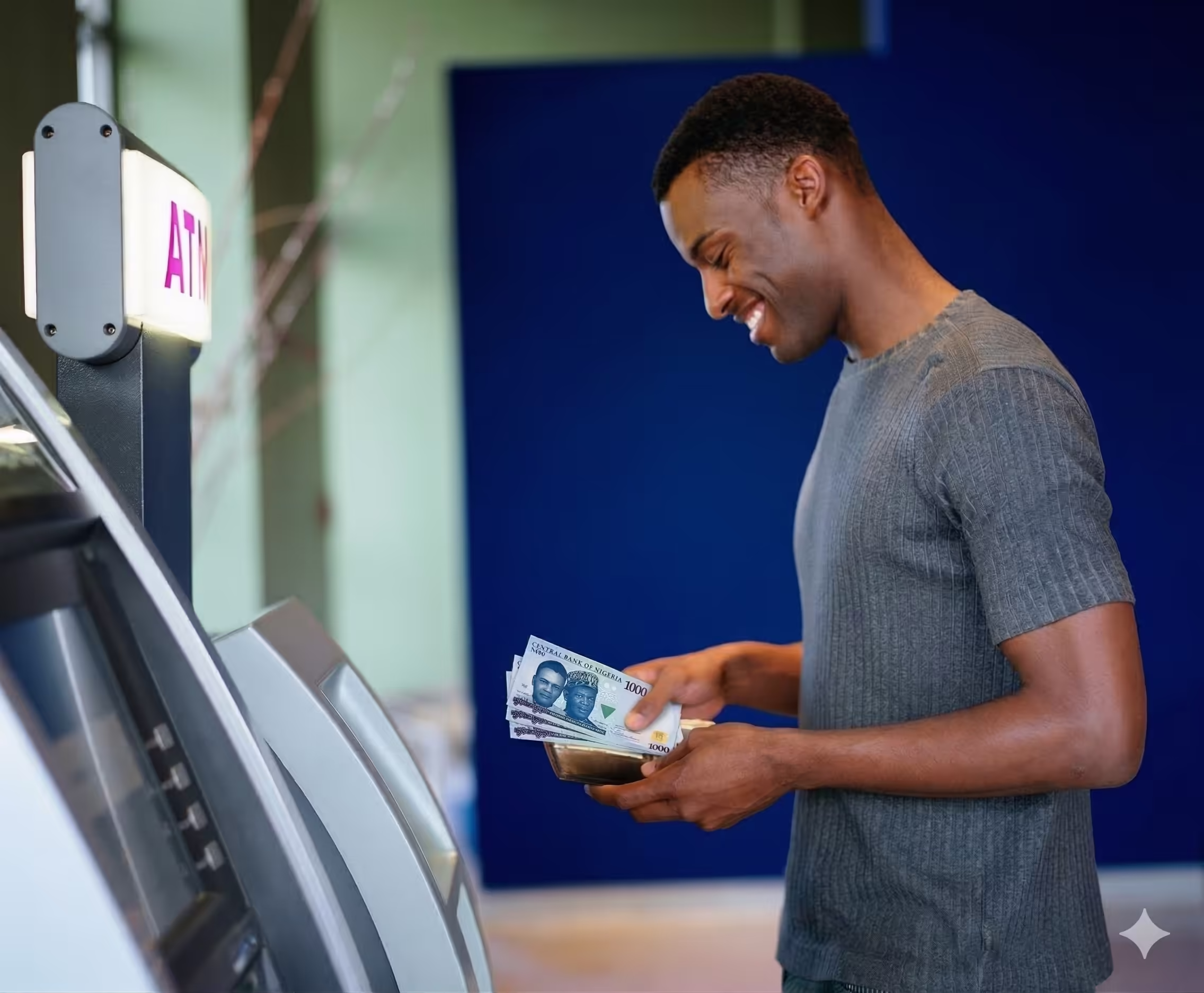 Smiling young man withdrawing Nigerian naira cash from an ATM machine.