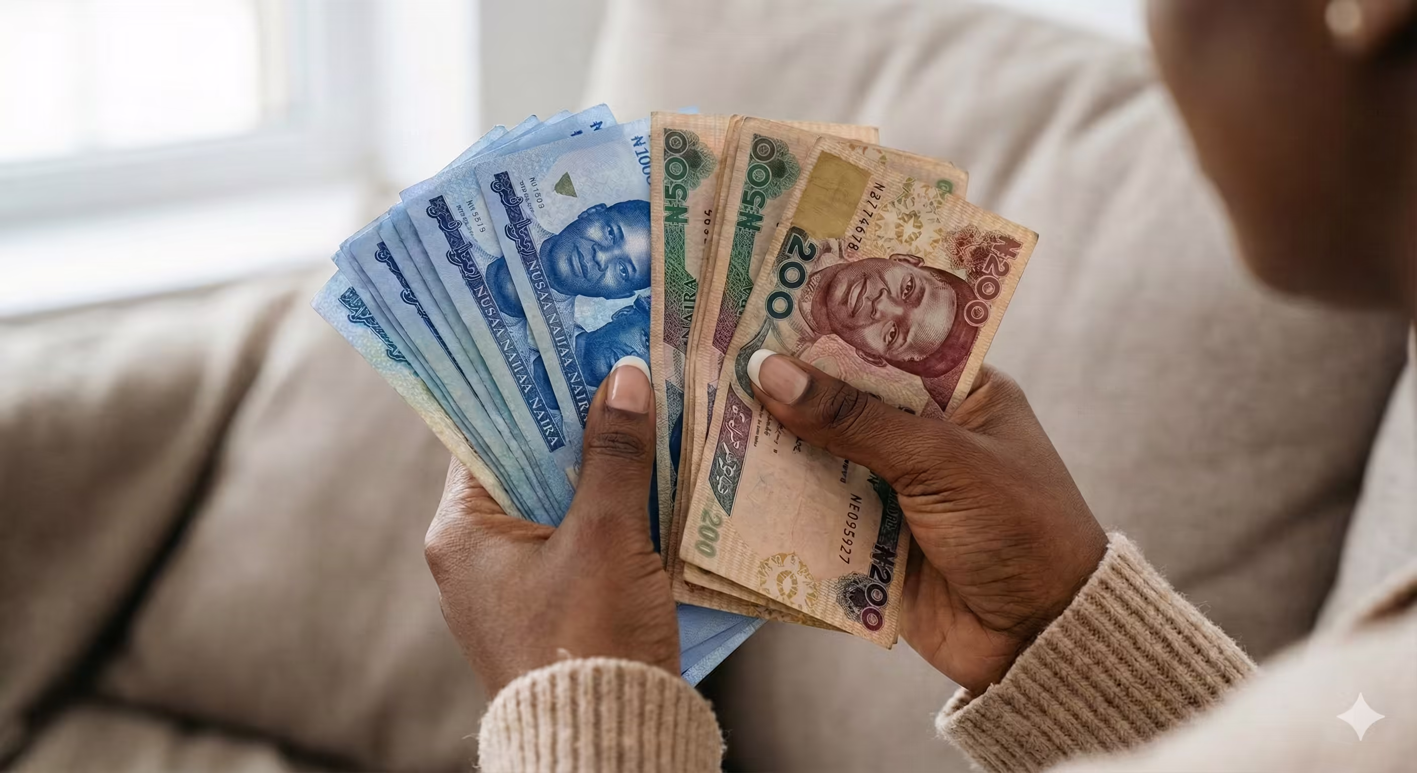 Person holding and counting Nigerian naira banknotes in various denominations.