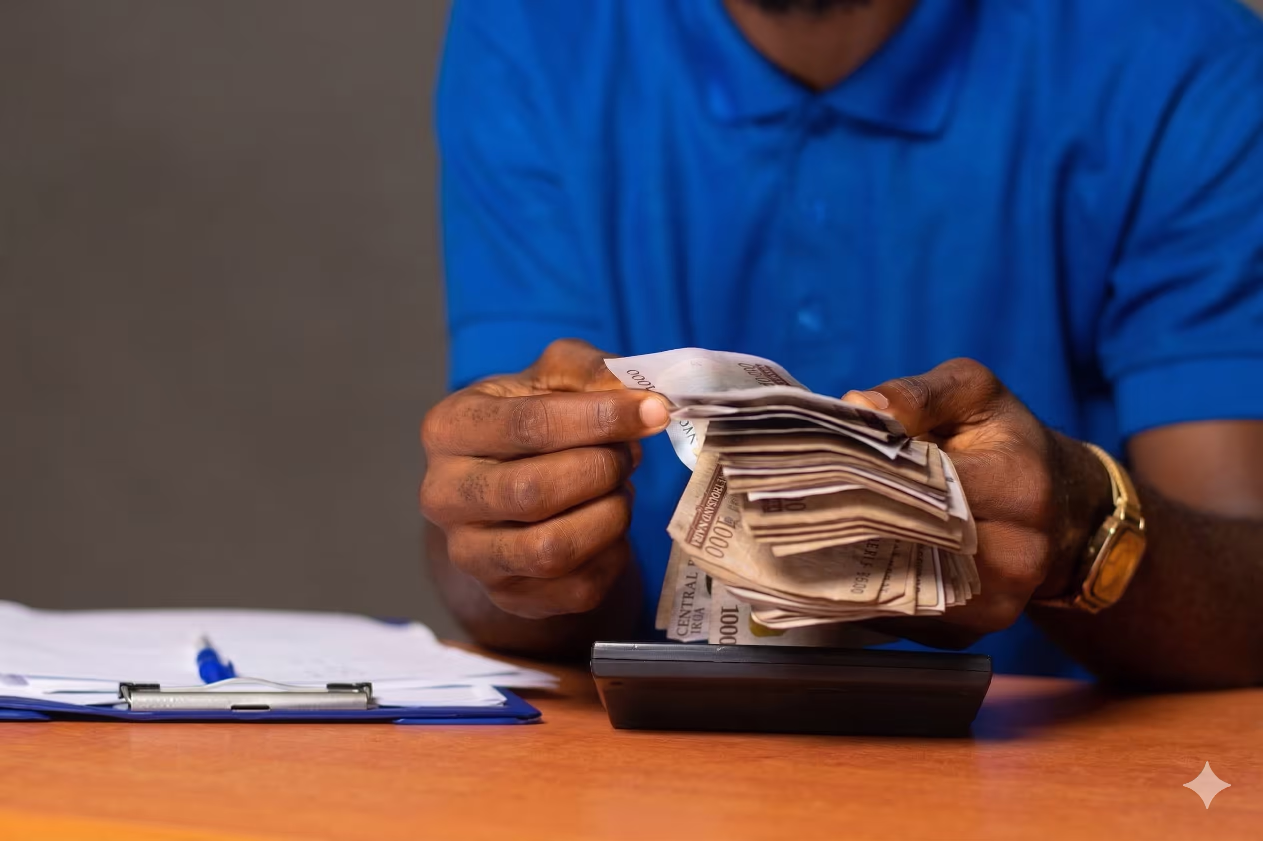 Person in a blue shirt counting a stack of 1000 Central Bank of Kenya notes with a calculator and clipboard on the table.