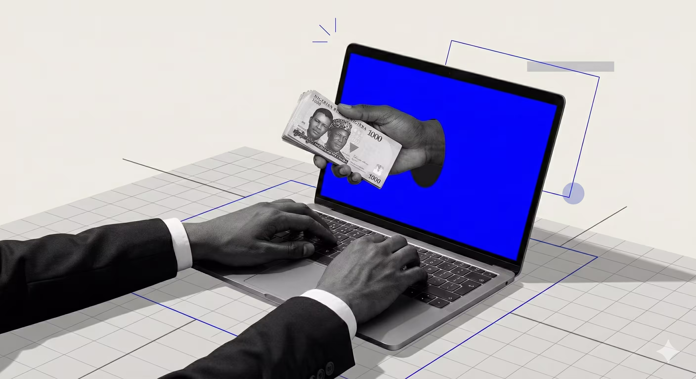 Hands typing on a laptop keyboard with another hand reaching through the screen holding Nigerian 1000 naira notes.