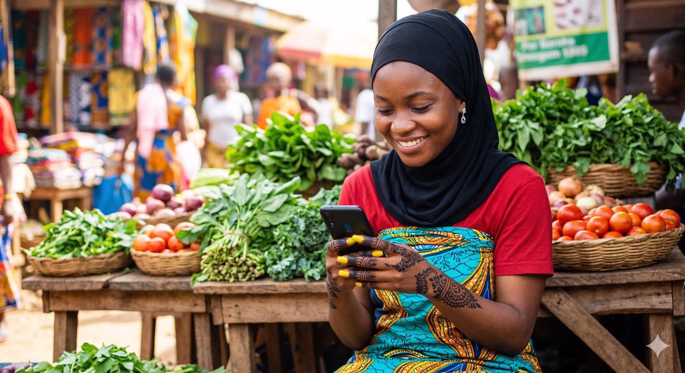 Smiling woman in a black hijab and colorful dress using a smartphone at an outdoor market with fresh vegetables in baskets behind her.