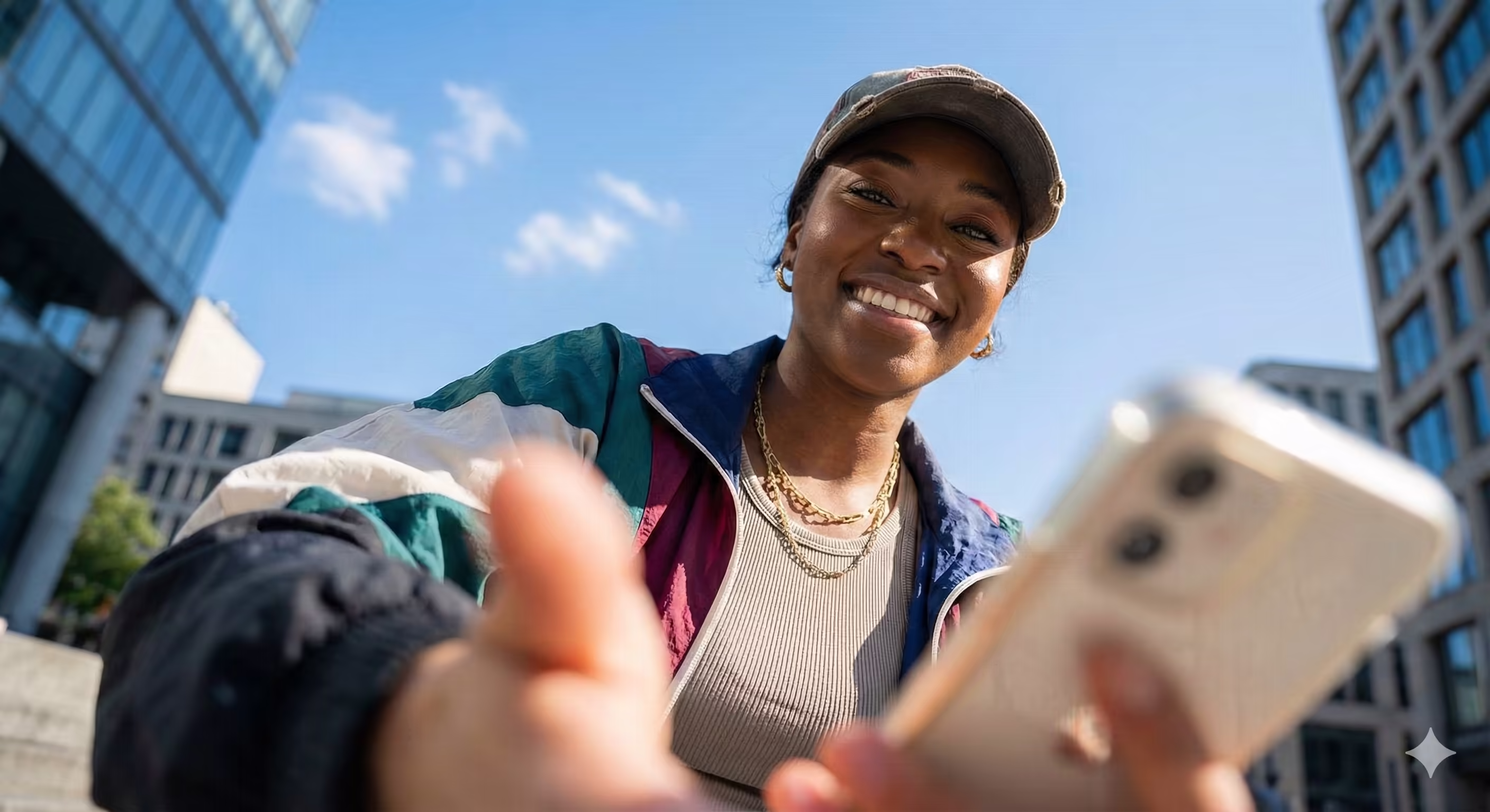 Smiling woman outdoors in a cap and colorful jacket holding a smartphone with urban buildings in the background.