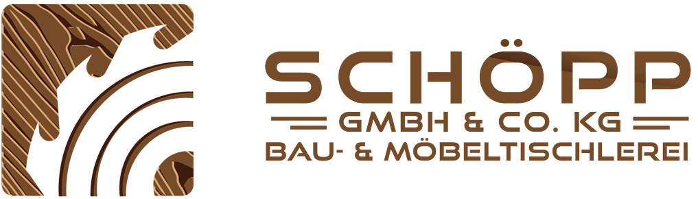 Logo der Firma Schöpp GmbH & Co. KG Bau- und Möbeltischlerei mit stilisiertem Holzmuster und Zahnradsymbol.
