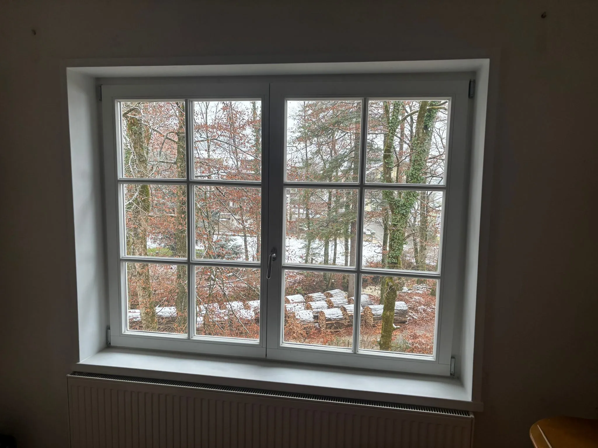 Fenster mit weißem Rahmen blickt auf einen winterlichen Wald mit Bäumen und gestapeltem Holz mit leichter Schneeschicht.