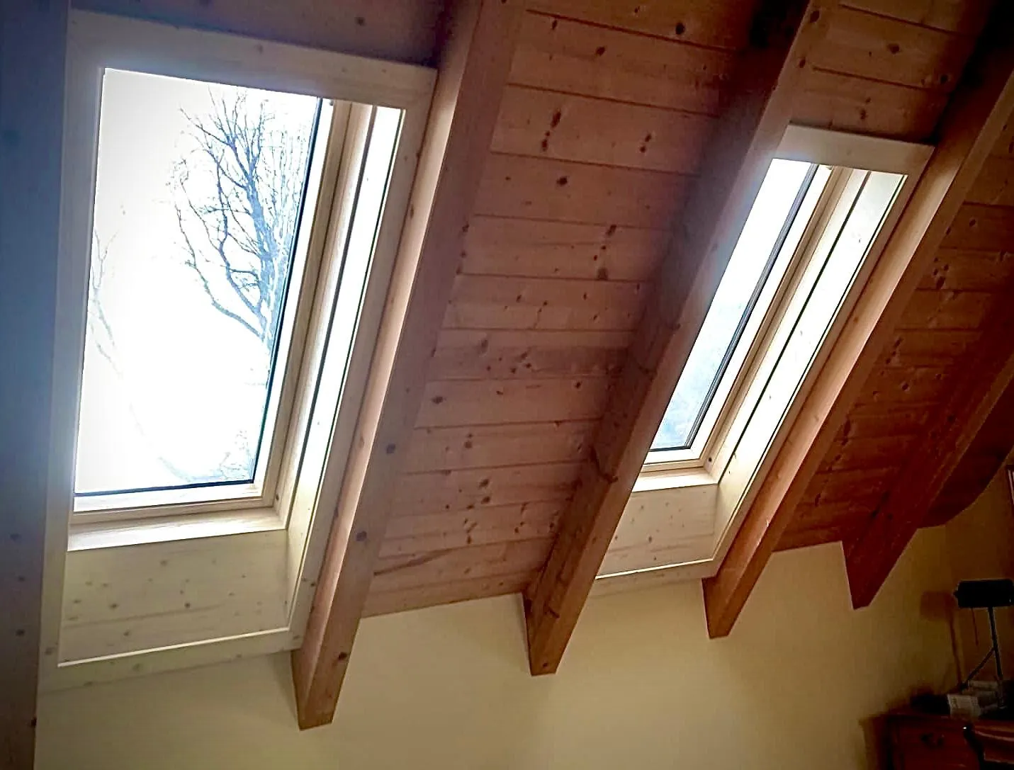 Zwei Dachfenster in einem Zimmer mit schräger Decke aus Holzbalken, durch die kahler Baumzweige sichtbar sind.