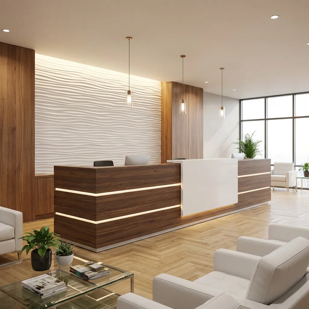 Moderner Empfangsbereich mit Holztheke, weißen Sesseln, Glas-Couchtisch und großem Fenster mit Pflanzen.