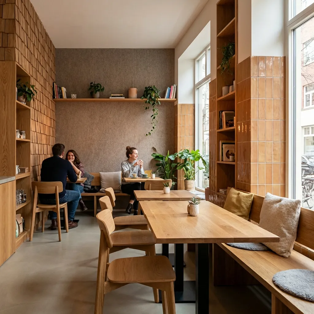 Gemütliches Café mit Holzstühlen, Tischen, Pflanzen und drei Personen, die an einem kleinen Tisch sitzen und sich unterhalten.