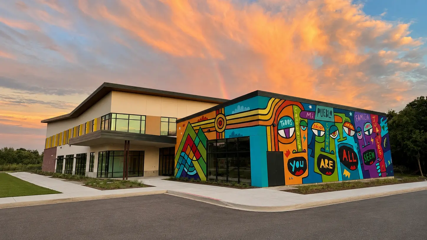 Colorful painted mural reading You Are All Seen on a nonprofit building at dusk
