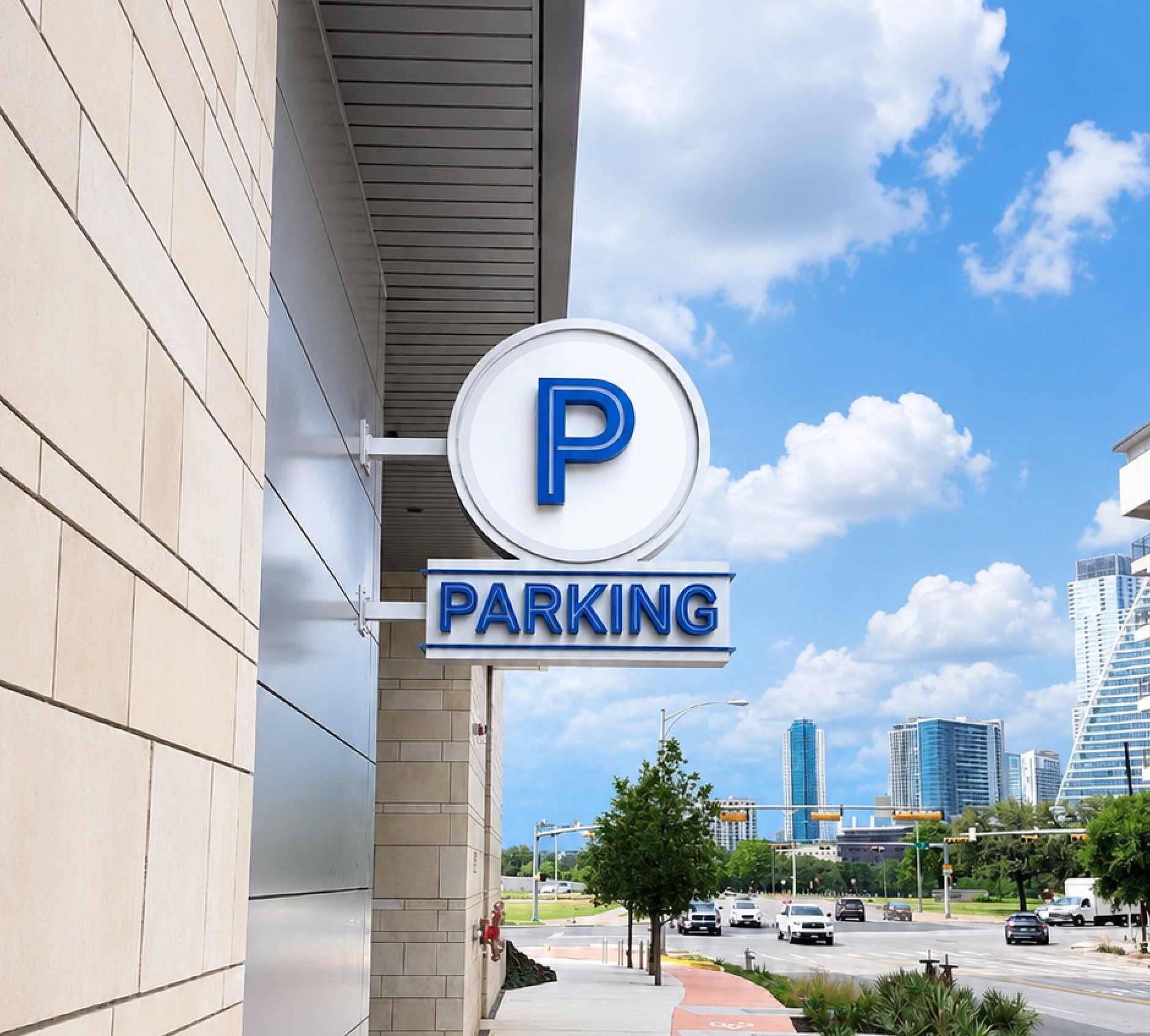 Blade-mounted circular P parking garage sign above a downtown Austin street