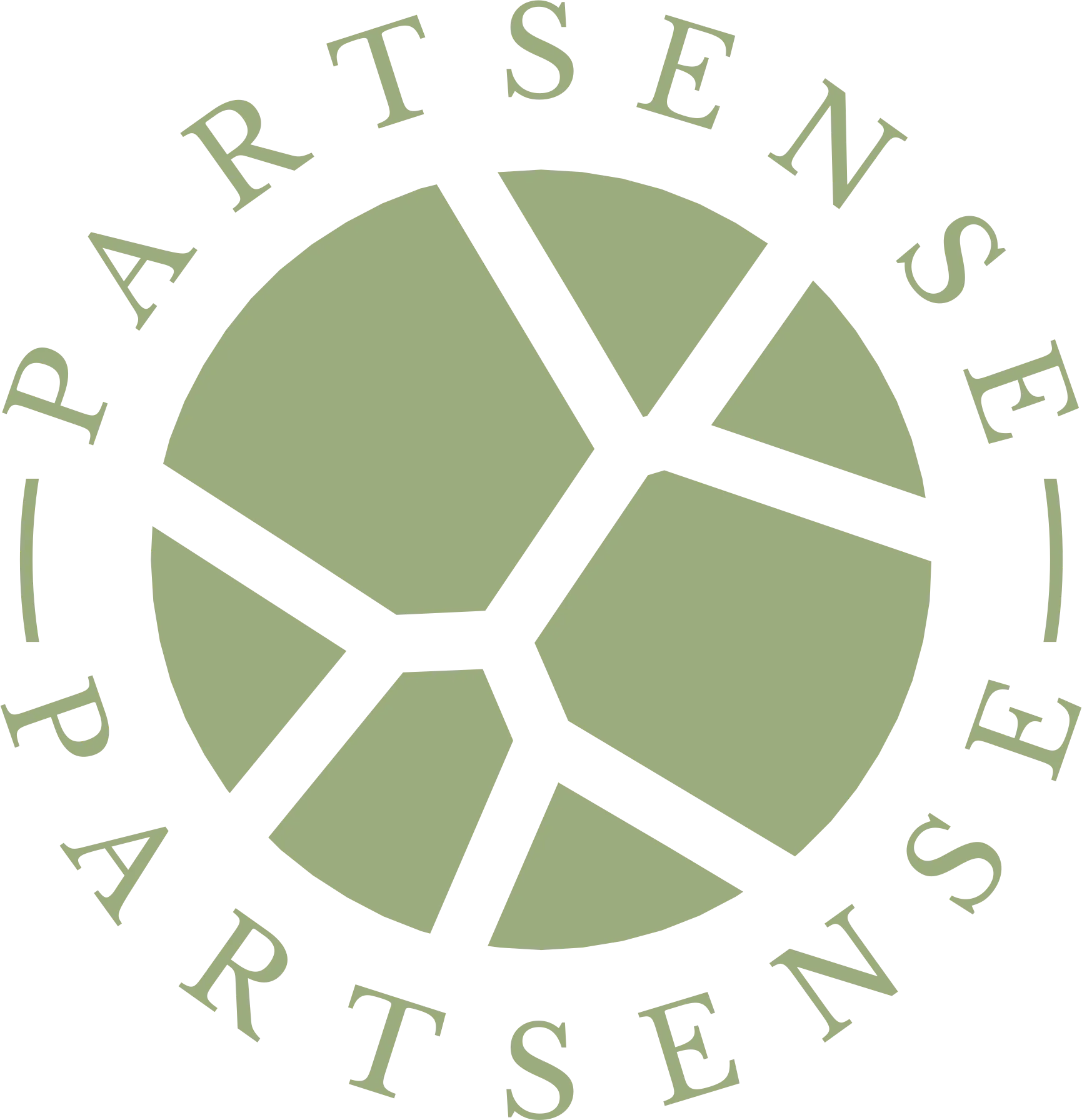 Vihreä logo, jossa teksti "PARTSENSE" ympyrän ympärillä ja mustat viivat muodostavat kuvion ympyrän sisällä.