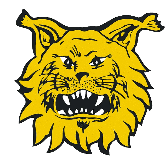 Keltainen ilvespää mustalla taustalla, aggressiivinen ilme, terävät hampaat ja viikset.