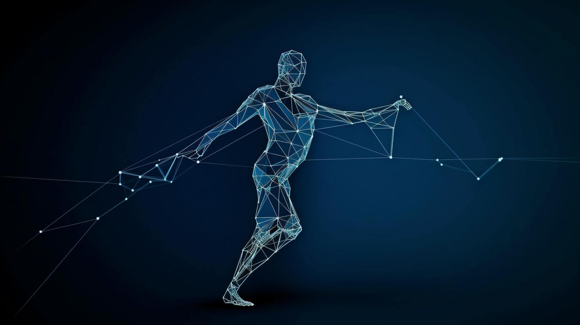 Sinisellä taustalla on valkoinen, lankaverkkomainen ihmishahmo, jonka ympärillä on valkoisia pisteitä ja viivoja.