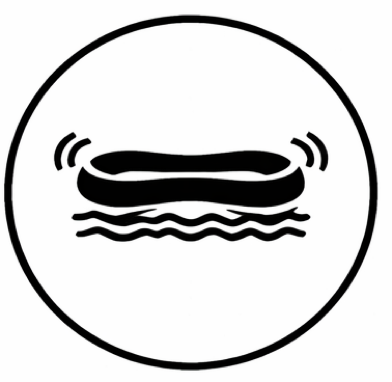 Musta kumivene aaltoilevassa vedessä valkoisessa ympyrässä.