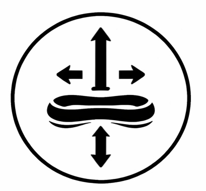 Musta ympyrä, jossa on joustavuutta osoittavia nuolia ja muoto.