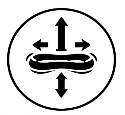 Musta ympyrä, jossa on neljä nuolta, jotka osoittavat ulospäin keskeltä, ja aaltoileva muoto niiden välissä.