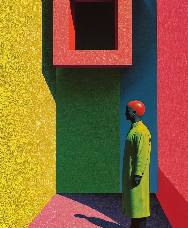 Profile of a person with dark skin wearing a black turtleneck and large red futuristic glasses against a light teal background.