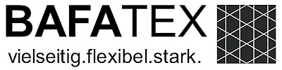 BAFATEX Logo, es besteht aus dem Text: BAFATEX Vielseitig. Flexibel. Stark. Links daneben befindet sich die Bildmarke, es ist ein schwarzer Kasten mit einem Weißen Muster von Fadengelege