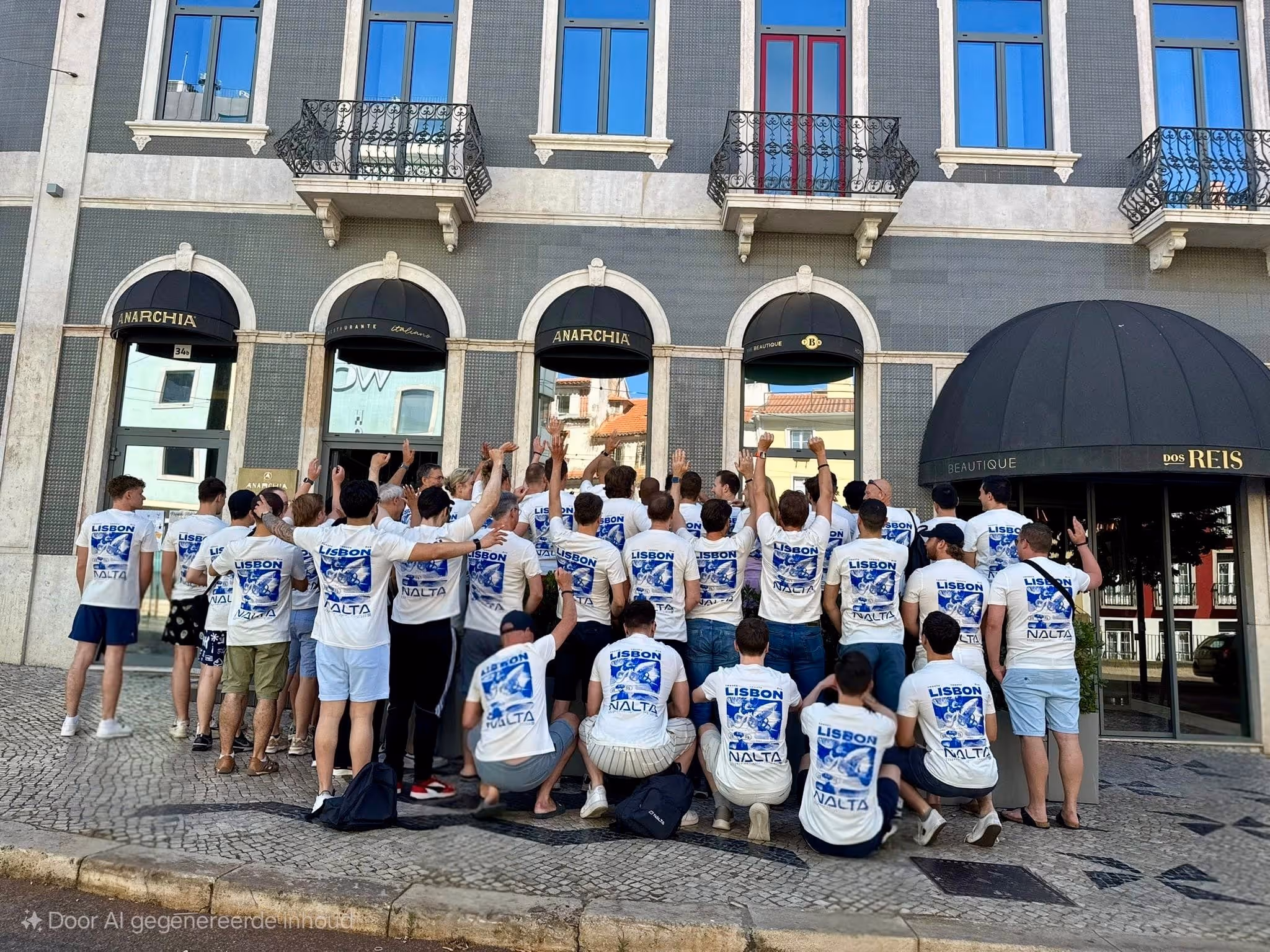 Groep mannen met lompe witte T-shirts met 'Lisbon Nalta' tekst poseren voor een gebouw.