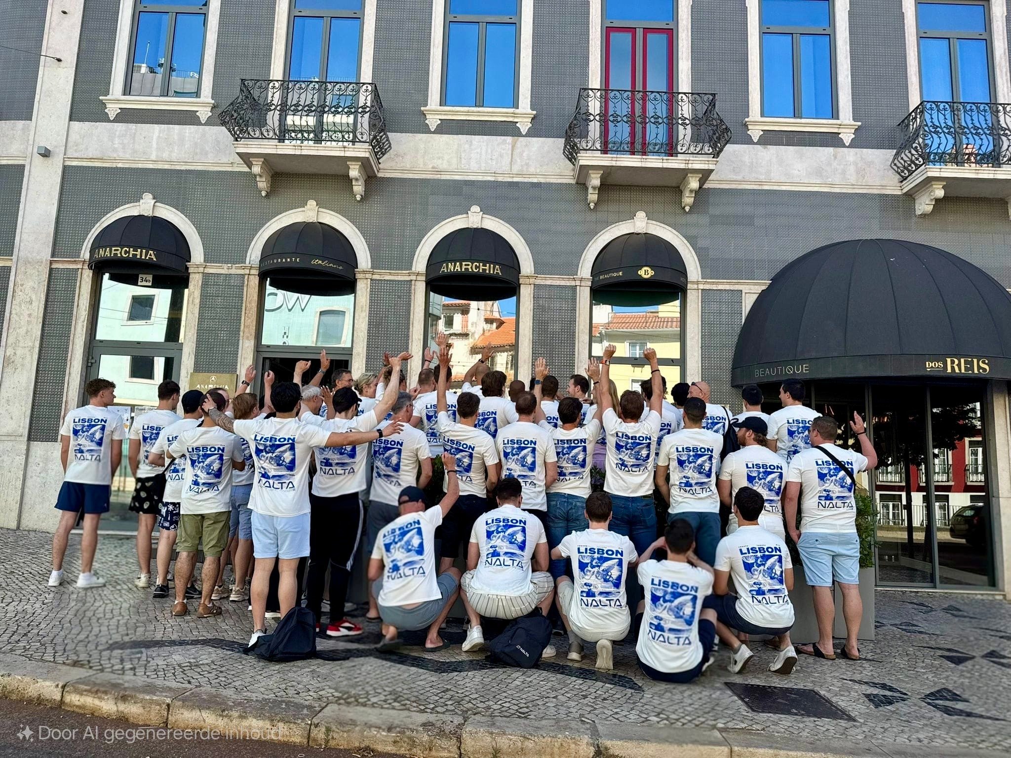 Groep mannen met lompe witte T-shirts met 'Lisbon Nalta' tekst poseren voor een gebouw.