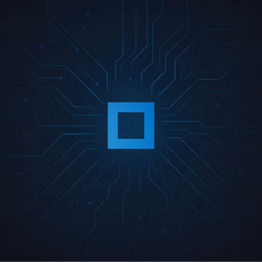 Blauw vierkant centraal met lijnen die uitstralen als een elektronisch circuit op donkere achtergrond.