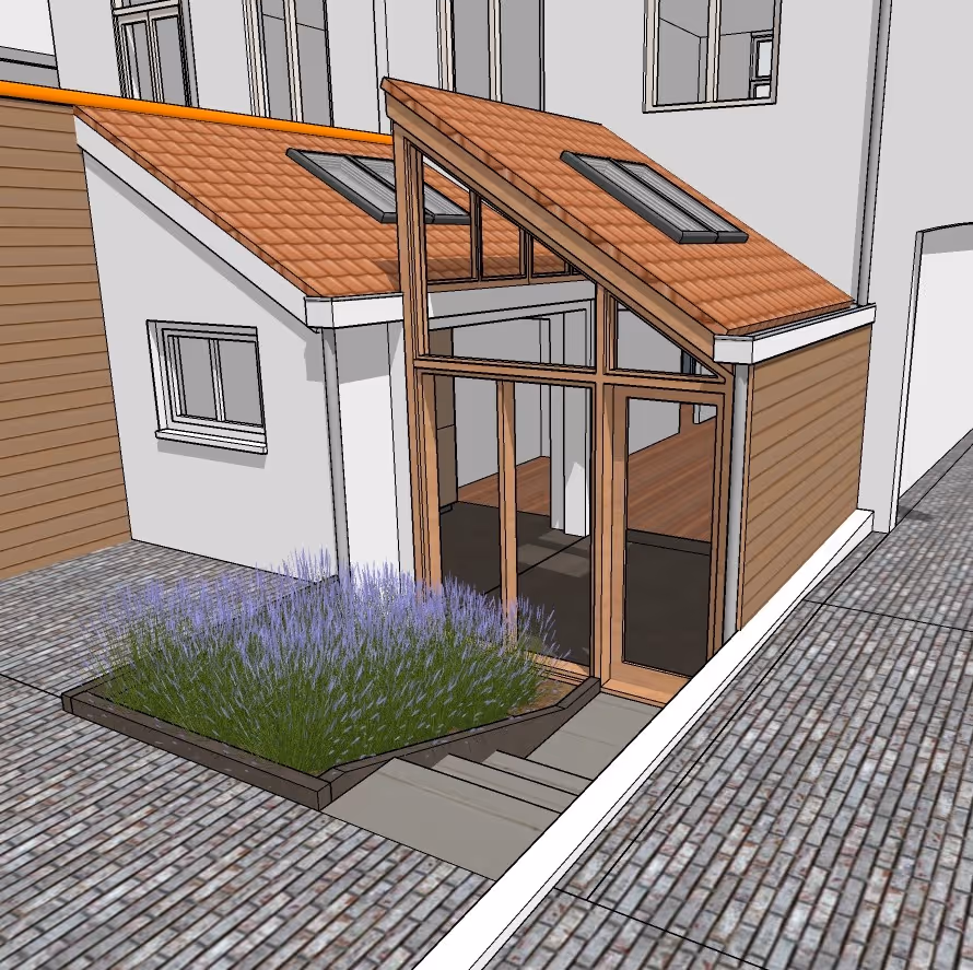 Architectural rendering of a modern house extension with large windows, sloped terracotta tile roof, skylights, and a raised planter with purple flowers.
