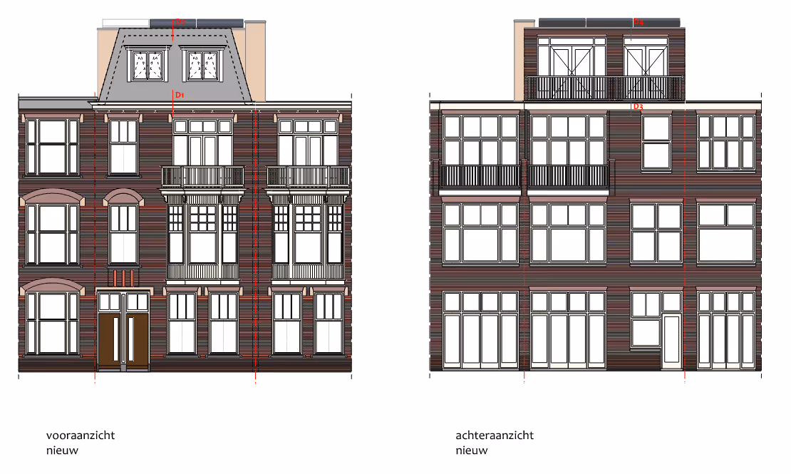 Architectural elevation drawing showing front and rear views of a multi-story brick building with balconies and numerous windows.