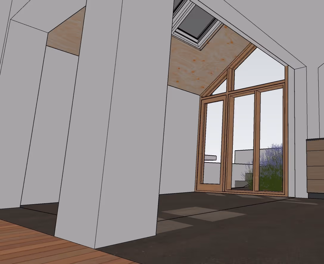 Architectural rendering of an empty interior space with large wooden-framed glass doors leading outside, angled ceiling with skylight, and visible plants outside.