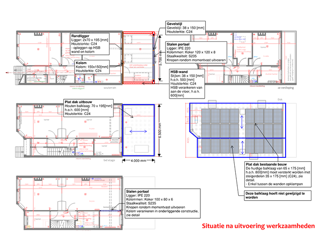Architectural floor plans with detailed construction notes on beams, columns, portals, walls, and roof structures including measurements and material specifications.
