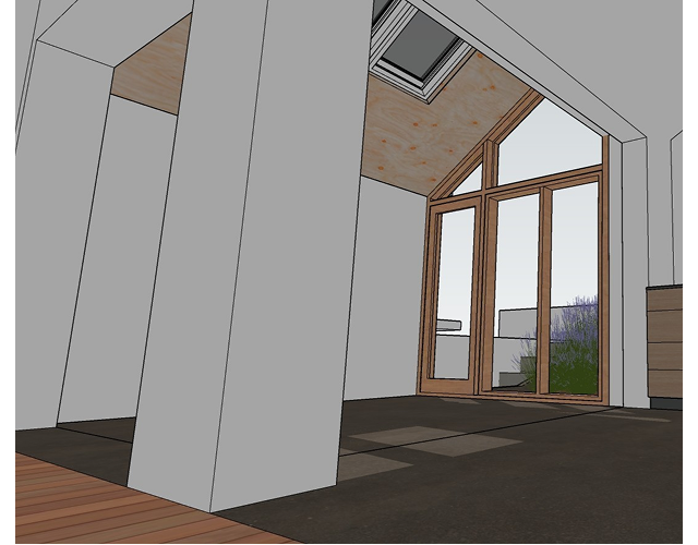 Architectural rendering of an empty interior space with large wooden-framed glass doors leading outside, angled ceiling with skylight, and visible plants outside.