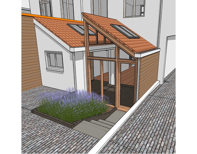 3D architectural rendering of a small modern annex with slanted tiled roof, large glass windows, wooden frame, and a lavender planter by the entrance steps.