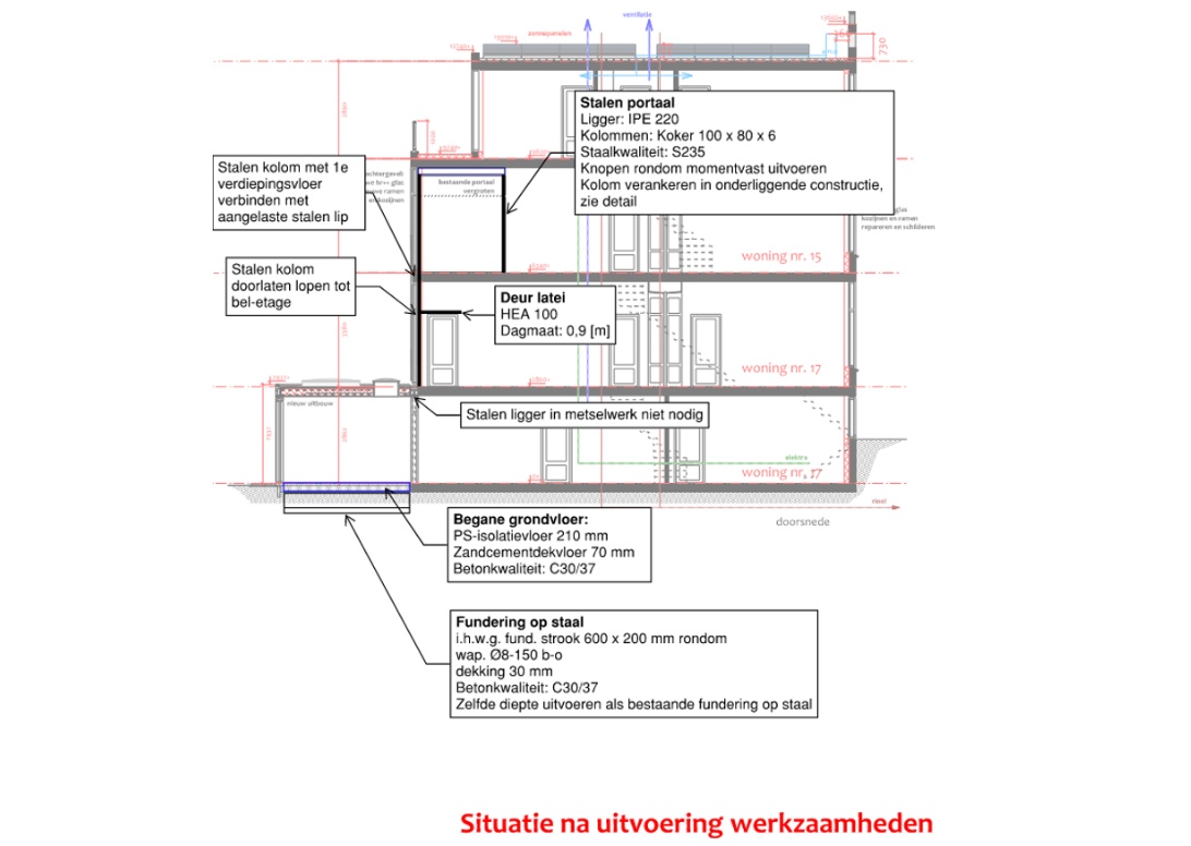 Architectural floor plans with detailed construction notes on beams, columns, portals, walls, and roof structures including measurements and material specifications.