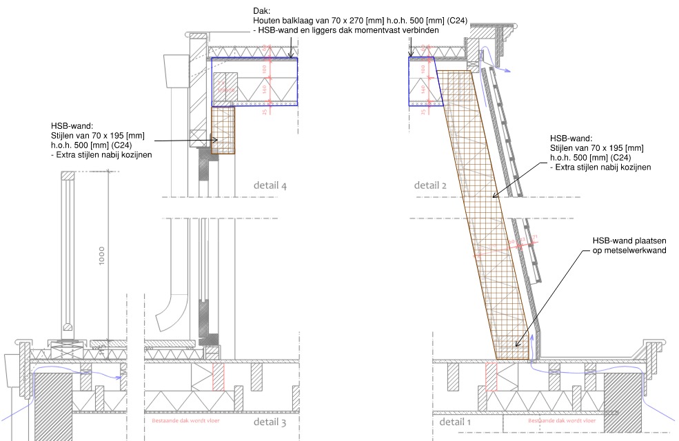 Architectural elevation drawing showing the front and rear facades of a three-story brick building with large windows, balconies, and detailed measurements in red.