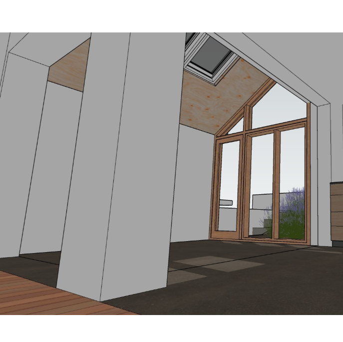 Wooden ceiling beams with metal brackets installed for roof reinforcement, with a hanging light bulb and exposed wiring.