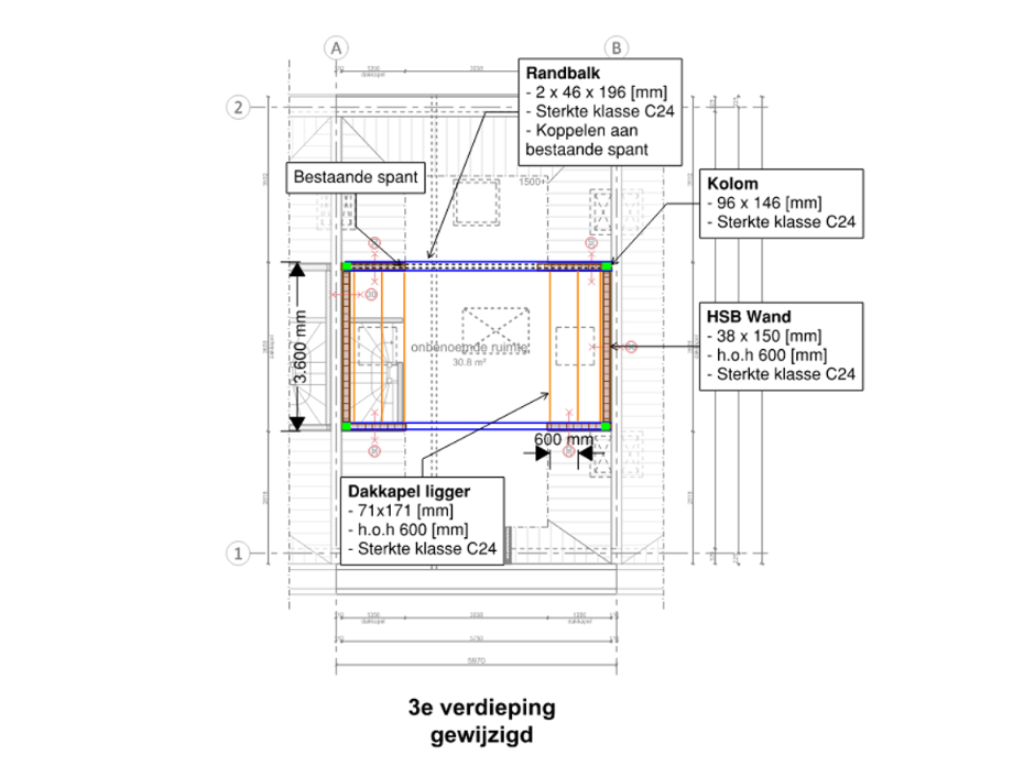 Architectural elevation drawing showing the front and rear facades of a three-story brick building with large windows, balconies, and detailed measurements in red.