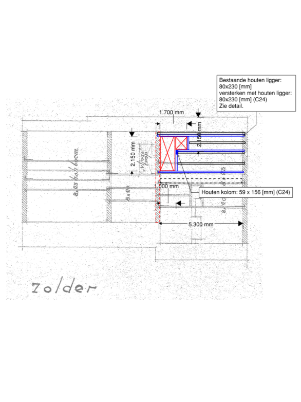 Architectural elevation drawing showing the front and rear facades of a three-story brick building with large windows, balconies, and detailed measurements in red.